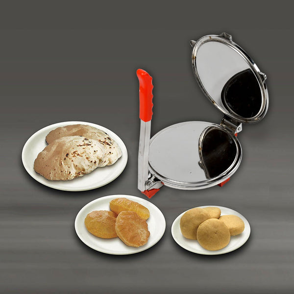 Stainless steel puri press maker with handle, ideal for making rotis, chapatis, and puris.