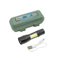 Compact LED flashlight showing COB side lantern, ideal for tactical use.