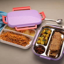 Pink and blue lunch box, plastic with steel plate, kids school.