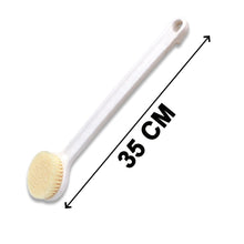 Long handle dry brush with soft bristles for body exfoliation.