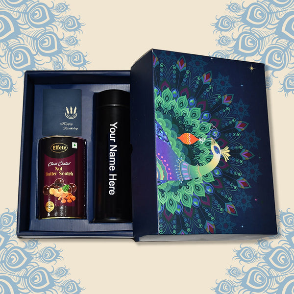 Personalized Temperature Water Bottle, Wishing card & Chocolate (With Attractive Peacock Box / 3 Pc Set)