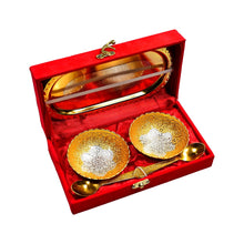 Gold and silver plated brass tray set with bowls and spoons, presented in a red velvet gift box.